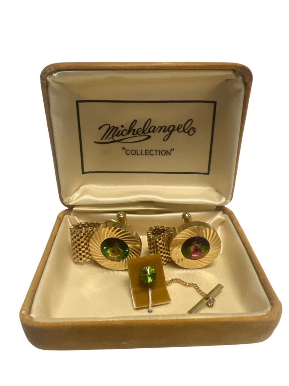 Michaelangelo Vintage 60's Aurora Borealis & Gold Tone Mesh Chain Cufflinks and